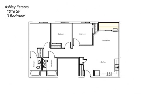 Floor plan for 3 beds, 2 baths, 1016 sqft