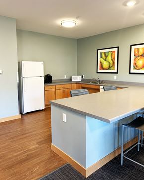 Forest Lake apartment for rent - a kitchen with a counter top and a refrigerator