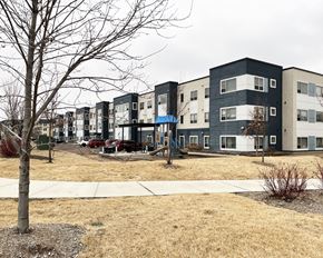 Mankato apartment for rent - A row of modern apartment buildings with a tree in the foreground.