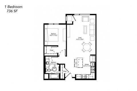 Floor plan for 1 bed, 1 bath, 736 sqft