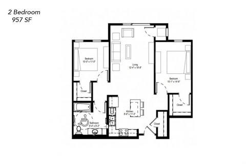 Floor plan for 2 beds, 1 bath, 957 sqft