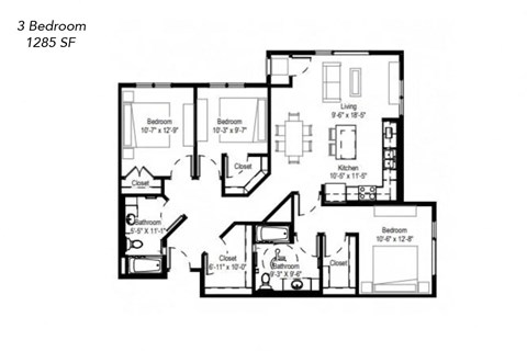 Floor plan for 3 beds, 2 baths, 1285 sqft