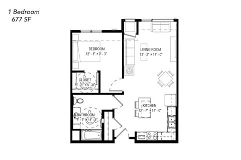 Floor plan for 1 bed, 1 bath, 701 sqft