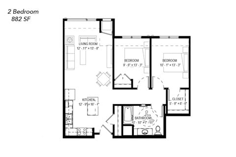 Floor plan for 2 beds, 1 bath, 882 sqft