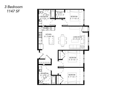 Floor plan for 3 beds, 2 baths, 1147 sqft