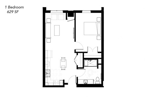 Floor plan for 1 bed, 1 bath, 635 sqft