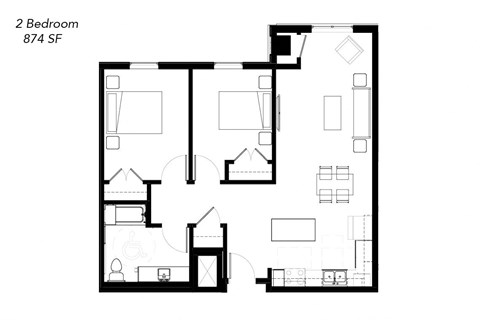 Floor plan for 2 beds, 1 bath, 886 sqft