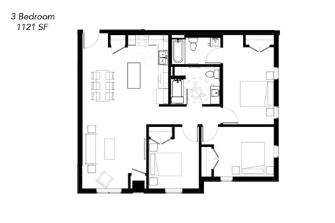 Floor plan for 3 beds, 2 baths, 1121 sqft