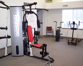 New Ulm apartment for rent - A gym with a variety of equipment including a leg press machine.