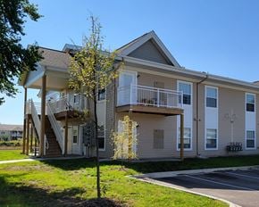 Le Sueur townhouse for rent - a tan house with stairs and a tree in front of it