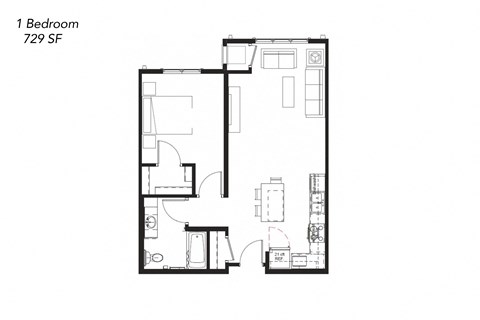 Floor plan for 1 bed, 1 bath, 729 sqft