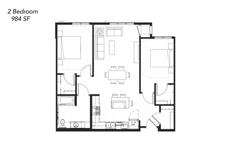 Floor plan for 2 beds, 1 bath, 913 sqft