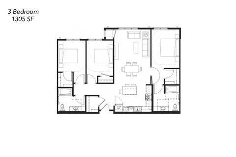 Floor plan for 3 beds, 2 baths, 1305 sqft