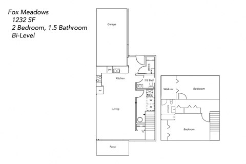 Floor plan for 2 beds, 1.5 baths, 1232 sqft
