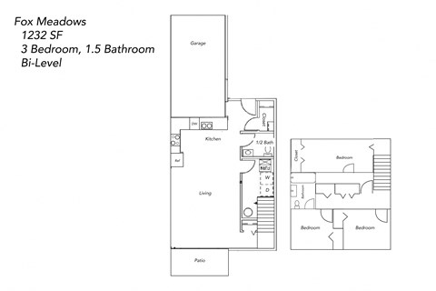 Floor plan for 3 beds, 1.5 baths, 1232 sqft