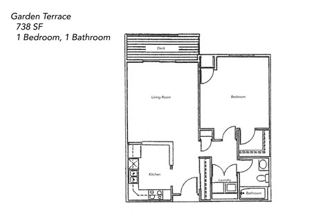 Floor plan for 1 bed, 1 bath, 738 sqft