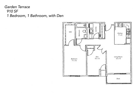 Floor plan for 1 bed, 1 bath, 910 sqft