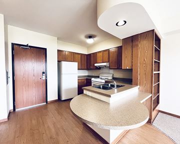 Rochester apartment for rent - A kitchen with wooden cabinets and a white fridge.