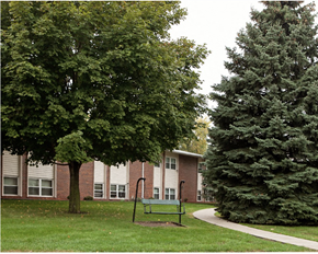 Northfield apartment for rent - A green bench sits in the grass next to a tree.