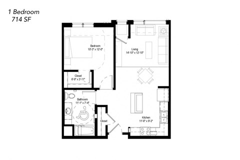 Floor plan for 1 bed, 1 bath, 714 sqft
