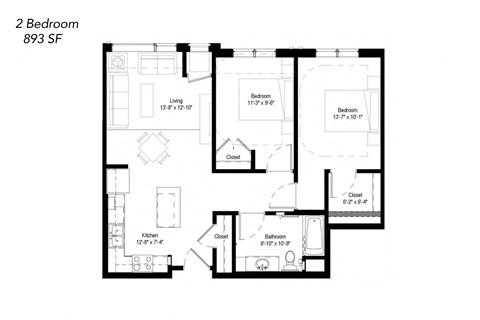 Floor plan for 2 beds, 1 bath, 893 sqft
