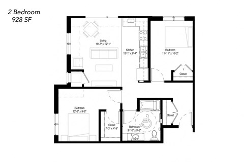 Floor plan for 2 beds, 1 bath