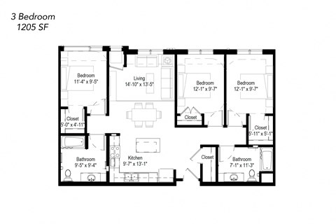 Floor plan for 3 beds, 2 baths, 1223 sqft