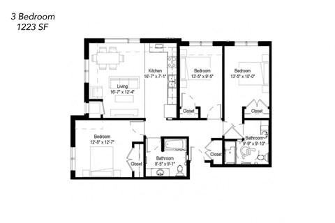 Floor plan for 3 beds, 2 baths