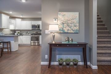 Eagle Lake townhouse for rent - a living room with a fireplace and a table with potted plants