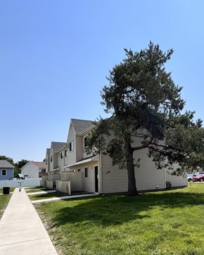 Rochester apartment for rent - A tree stands next to a house with a grey facade.