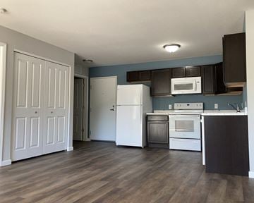 Owatonna apartment for rent - A kitchen with a white refrigerator and wooden floors.