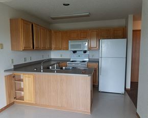 Marshall townhouse for rent - an empty kitchen with wooden cabinets and a white refrigerator