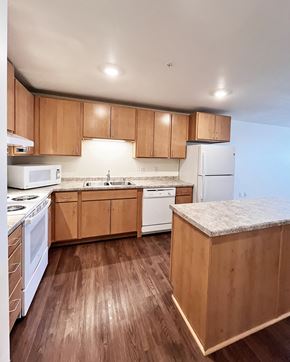 Shakopee apartment for rent - A kitchen with wooden cabinets and a white fridge.