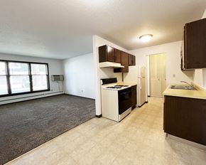 Mankato apartment for rent - an empty kitchen and living room with a large window and