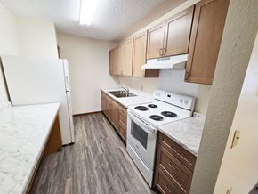 Cannon Falls apartment for rent - A kitchen with a white fridge, white stove, and brown cabinets.