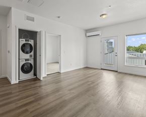 Luverne apartment for rent - the living room of an apartment with a washer and dryer on the wall
