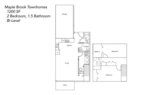 Floor plan for 2 beds, 1.5 baths, 1200 sqft