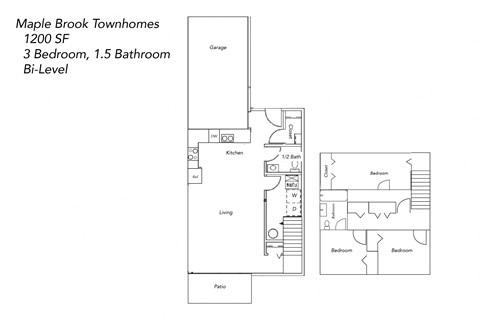 Floor plan for 3 beds, 1.5 baths, 1200 sqft