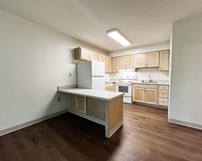 Red Wing apartment for rent - A kitchen with wooden floors and white walls.