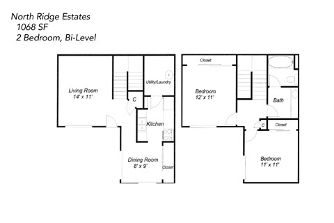 Floor plan for 2 beds, 1 bath, 1068 sqft
