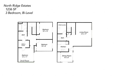 Floor plan for 3 beds, 2 baths, 1236 sqft