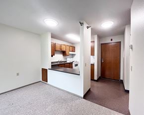 Hastings apartment for rent - A kitchen area with a counter and cabinets.