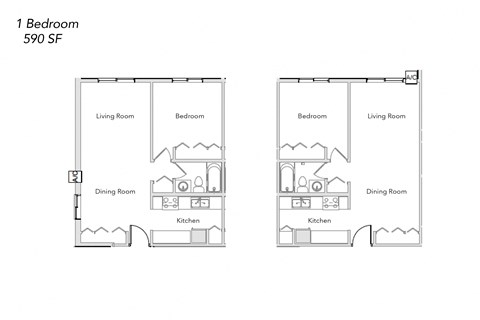 Floor plan for 1 bed, 1 bath, 590 sqft