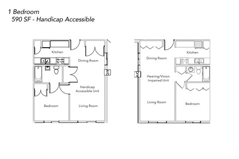 Floor plan for 1 bed, 1 bath, 590 sqft