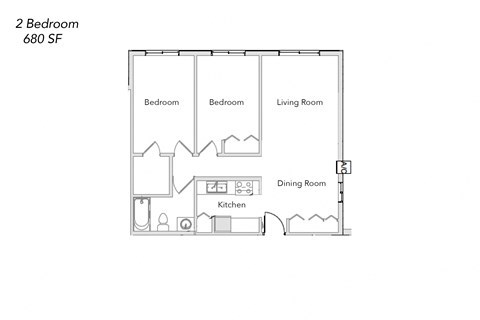 Floor plan for 2 beds, 1 bath, 680 sqft