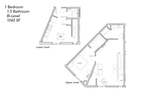 Floor plan for 1 bed, 1.5 baths
