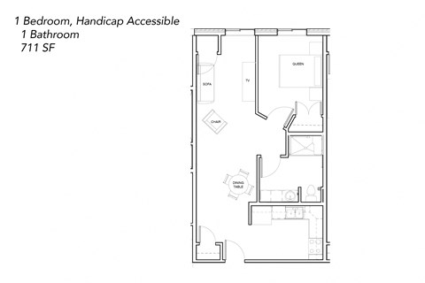Floor plan for 1 bed, 1 bath, 711 sqft