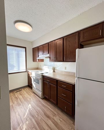 Sleepy Eye apartment for rent - A kitchen with wooden cabinets and a white refrigerator.
