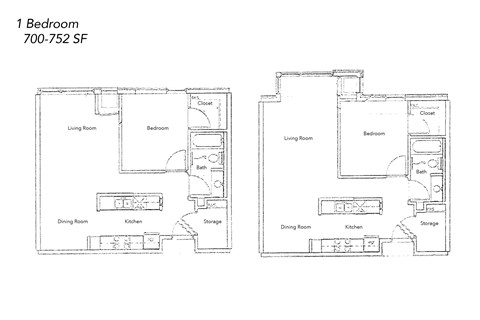 Floor plan for 1 bed, 1 bath, 752 sqft