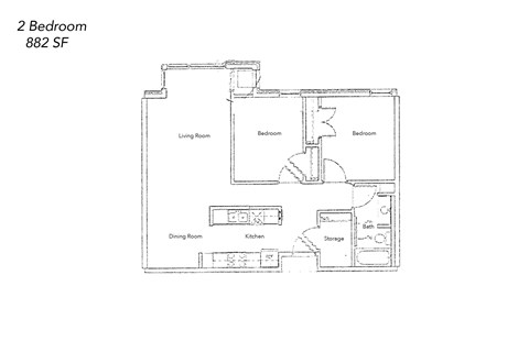 Floor plan for 2 beds, 1 bath, 902 sqft